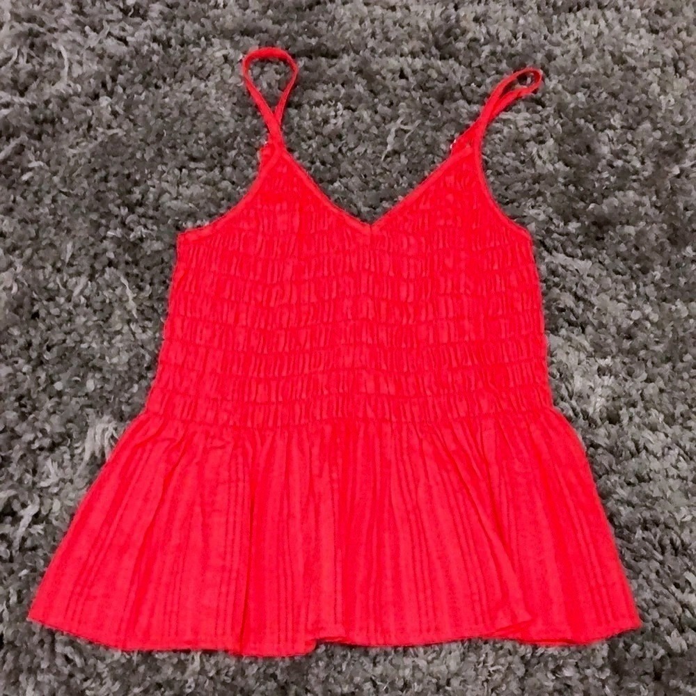 Red Smocked Cami Top Sleeveless V Neck Casual Summer Blouse Flared Tank